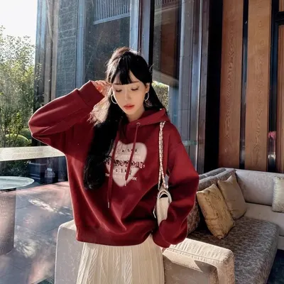 Red Heart Print Hoodie Casual Sweatshirt