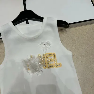 White Embellished Sleeveless Top With Rhinestones And Flowers