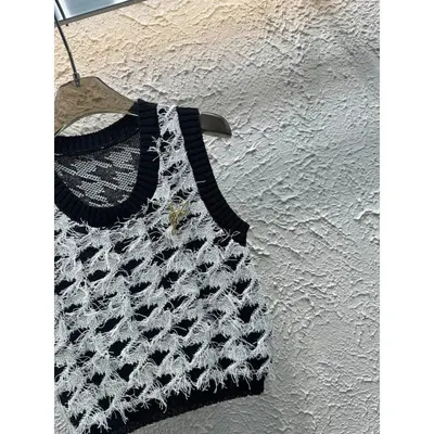 Knitted Sleeveless Black White Fringe Vest