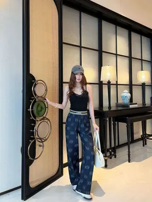 Unisex Patterned Navy Blue Wide Leg Pants
