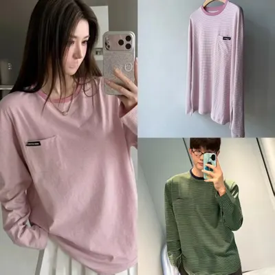 Unisex Long Sleeve Pink Striped Casual T-Shirt
