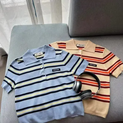 Miu Miu Striped Polo Blue Casual Shirt