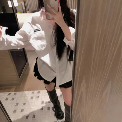 White Long Sleeve Shirt Black Skirt Casual Outfit