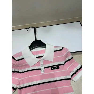 Pink Striped Knit Polo Shirt Casual Top