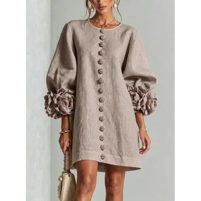 Linen Dress Beige Floral Sleeve Boho Style