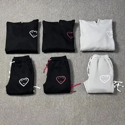 Basic Heart Print Black Casual Hoodie Set