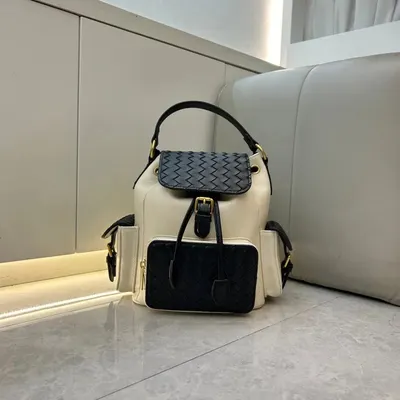 Leather Backpack Beige And Black Fashionable Design