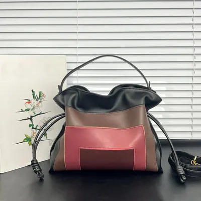 Leather Colorblock Black Brown Red Tote Bag