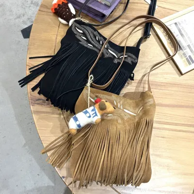 Leather Fringe Crossbody Bag Tan Boho Style