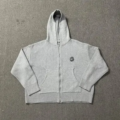 Gray Knit Zip-Up Hoodie Casual Sweater