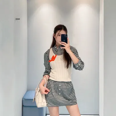 Checkered Shirt Skirt Set Beige And Black Casual Outfit