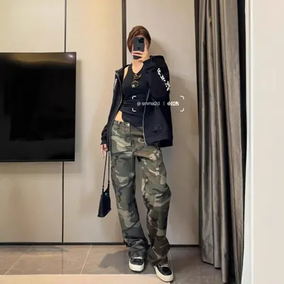 Unisex Camouflage Cargo Pants Green Streetwear