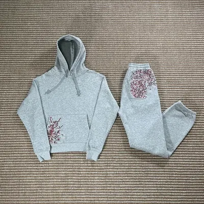Gray Floral Hoodie And Pants Set Casual Loungewear