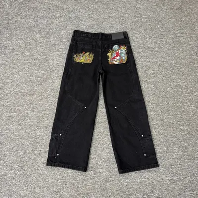 Black Embroidered Denim Wide Leg Pants