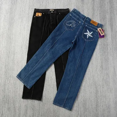 Denim Jeans Blue Star Patch Straight Leg Pants
