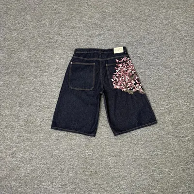 Denim Shorts Dark Blue Embroidered Floral Style