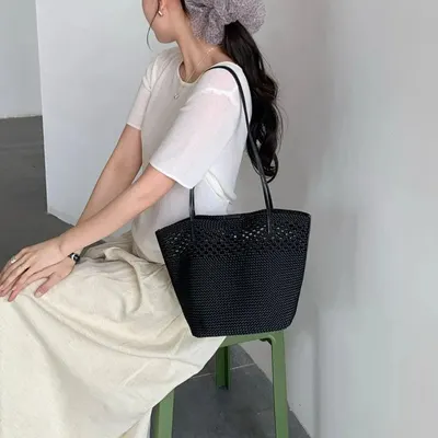 Woven Tote Bag Black Casual Handbag