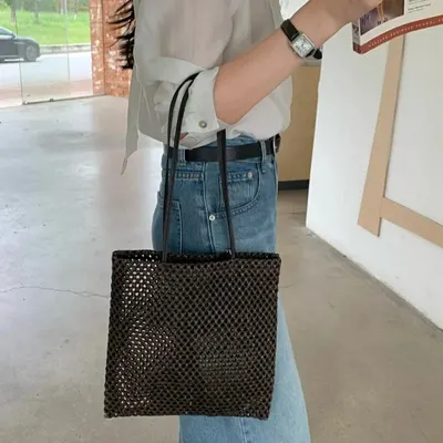 Woven Mesh Black Tote Bag