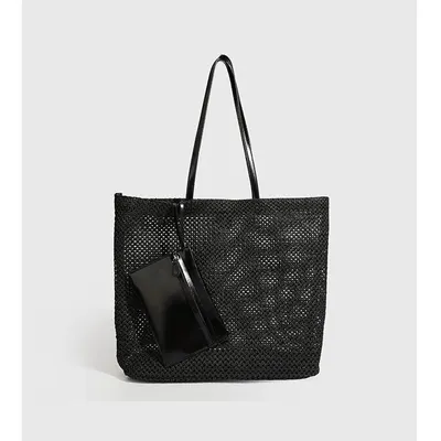 Woven Tote Bag Black Mesh Style