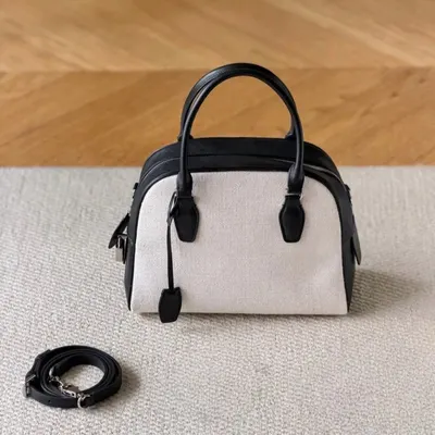 Leather Trim Canvas Handbag Beige Minimalist Style