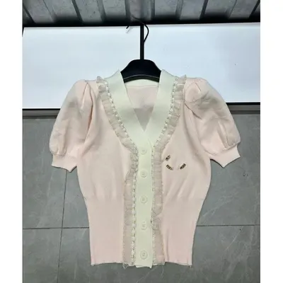 Pink Knit Cardigan With Lace Trim Casual Sweater