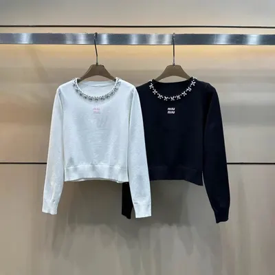 Miu Miu Embellished Crewneck White Knit Sweater