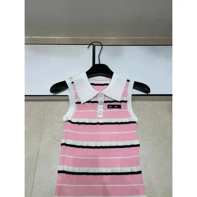 Pink Striped Knit Sleeveless Top With Collar