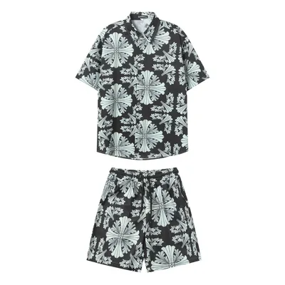 Floral Print Black And Mint Casual Shorts Set